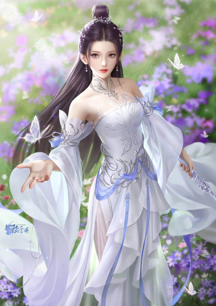 1girl, absurdres, brown_hair, bug, butterfly, dress, earrings, facial_mark