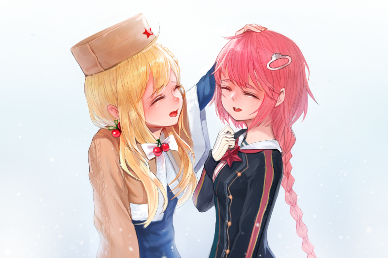 2girls, bangs, black_shirt, blonde_hair, blue_background, blue_dress, blush, bow, braid, breasts, brown_headwear, brown_jacket, closed_eyes, cropped_jacket, dokomon, dress, eyebrows_visible_through_hair, girls_frontline, gloves, gradient, gradient_background, hand_up, hat, headpat, jacket, long_hair, long_sleeves, multiple_girls, open_mouth, pink_hair, pps-43_(girls'_frontline), ppsh-41_(girls'_frontline), shirt, single_braid, small_breasts, star_(symbol), thick_eyebrows, very_long_hair, white_bow, white_gloves