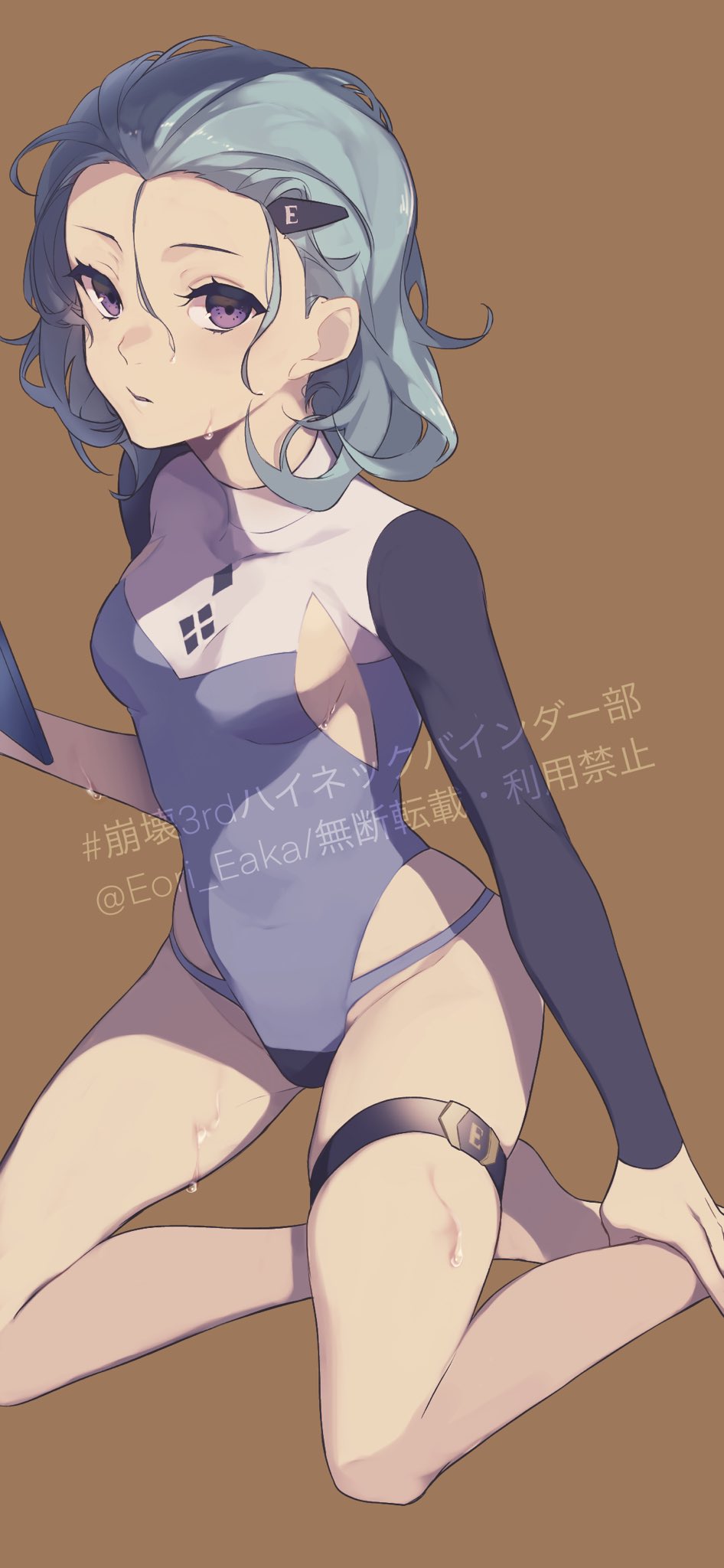 1girl, artist_name, blue_eyes, blue_hair, blue_swimsuit, brown_background, closed_mouth, eori_eaka