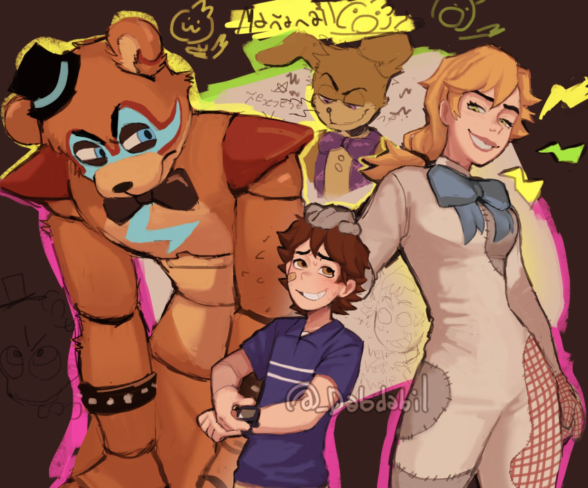 1girl, 3boys, animal_ears, animal_robot, bandaid, bandaid_on_cheek, bandaid_on_face, bear_ears