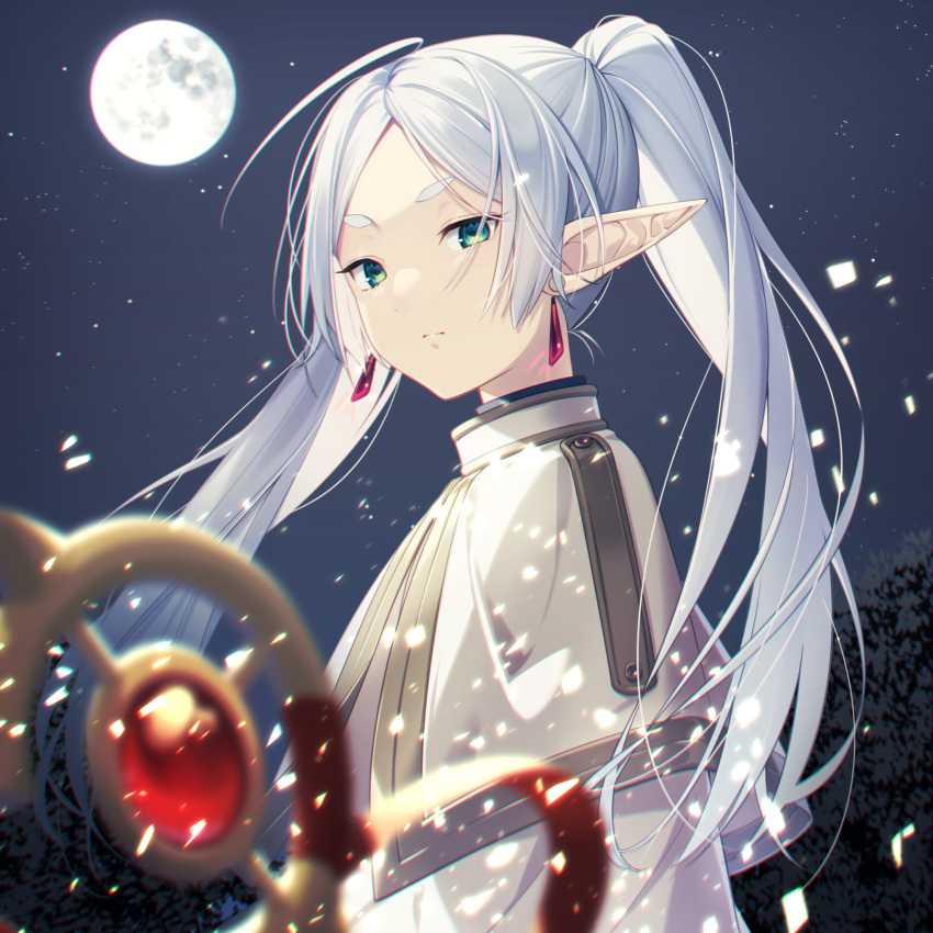 1girl, blurry, capelet, closed_mouth, confetti, depth_of_field, earrings, elf
