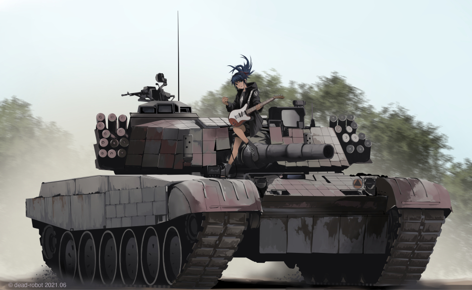 1girl, artist_name, black_hair, dead-robot, dust, ground_vehicle, guitar, holding