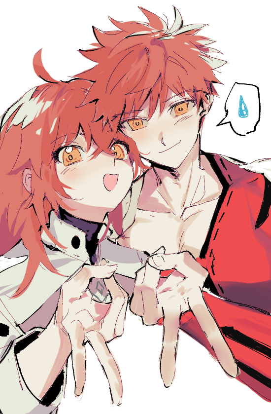 1boy, 1girl, ahoge, bangs, blush, close-up, emiya_shirou, eyebrows_visible_through_hair
