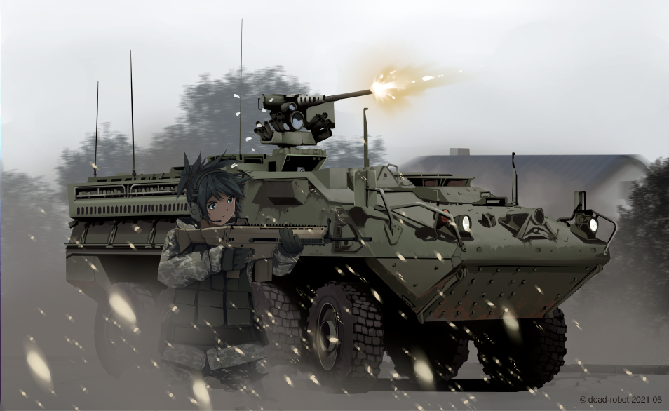 1girl, aiming, armored_fighting_vehicle, artist_name, black_hair, dead-robot, firing, ground_vehicle, gun, military, military_vehicle, mixed-language_commentary, original, outdoors, ponytail, scenery, soldier, solo, stryker, tree, turret, watermark, weapon
