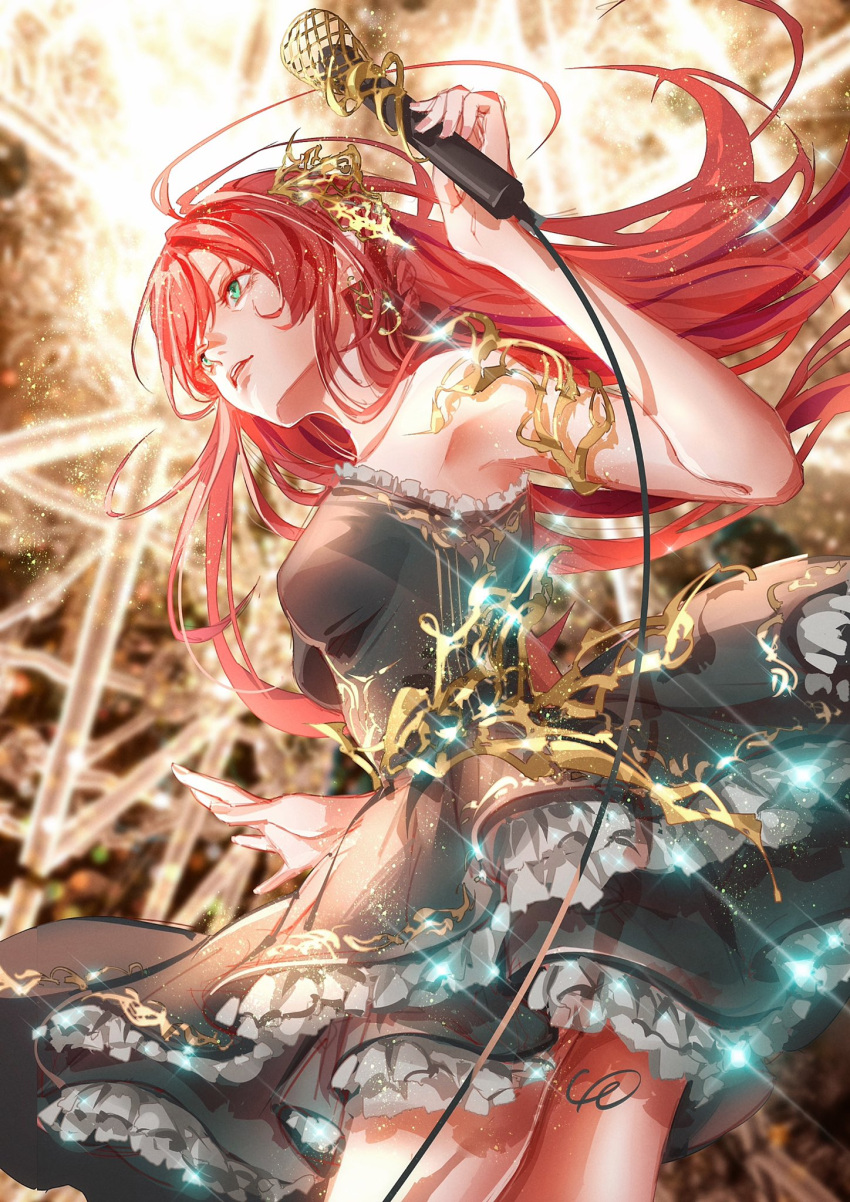 1girl, armlet, black_dress, blurry, blurry_background, breasts, commentary, cowboy_shot