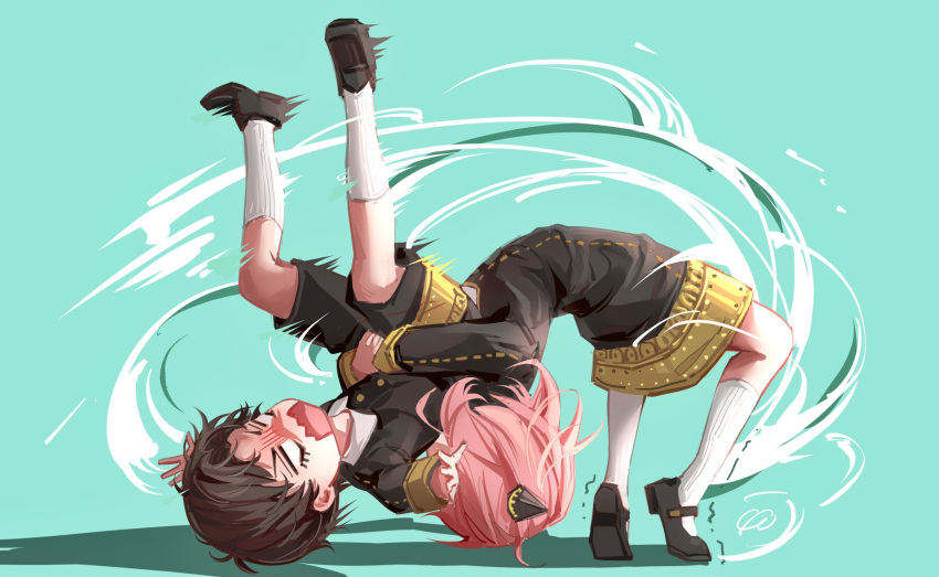 1boy, 1girl, anya_(spy_x_family), aqua_background, black_dress, black_footwear, black_hair, black_jacket