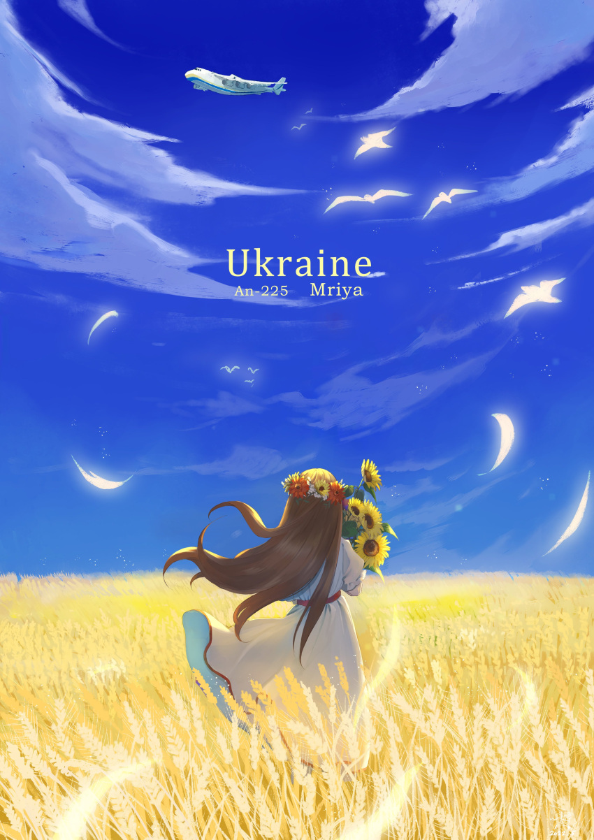 1girl, absurdres, aircraft, airplane, antonov_an-225, blue_sky, brown_hair, clouds, commentary_request, dress, feet_out_of_frame, flower, from_behind, hair_flower, hair_ornament, head_wreath, highres, holding, holding_flower, horizon, long_hair, orange_flower, original, outdoors, russo-ukrainian_war, sky, solo, sunflower, tengu_style, ukraine, wheat_field, white_bird, white_dress