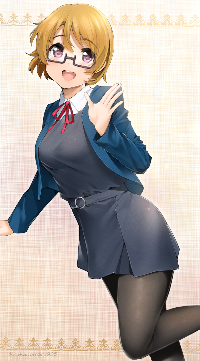 1girl, :d, absurdres, black_legwear, blazer, blue_jacket, brown_hair, dress