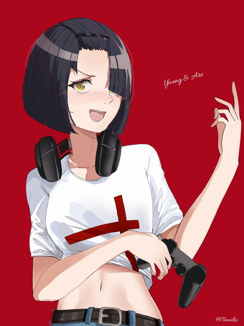 :d, artist_name, bangs, belt, black_hair, blush, bob_cut, breasts