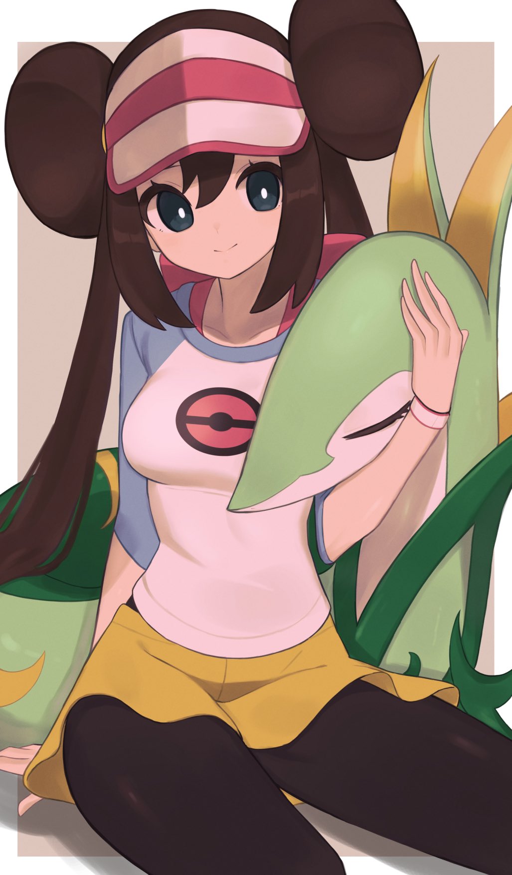 1girl, arm_support, black_legwear, border, bow, breasts, bright_pupils, brown_background