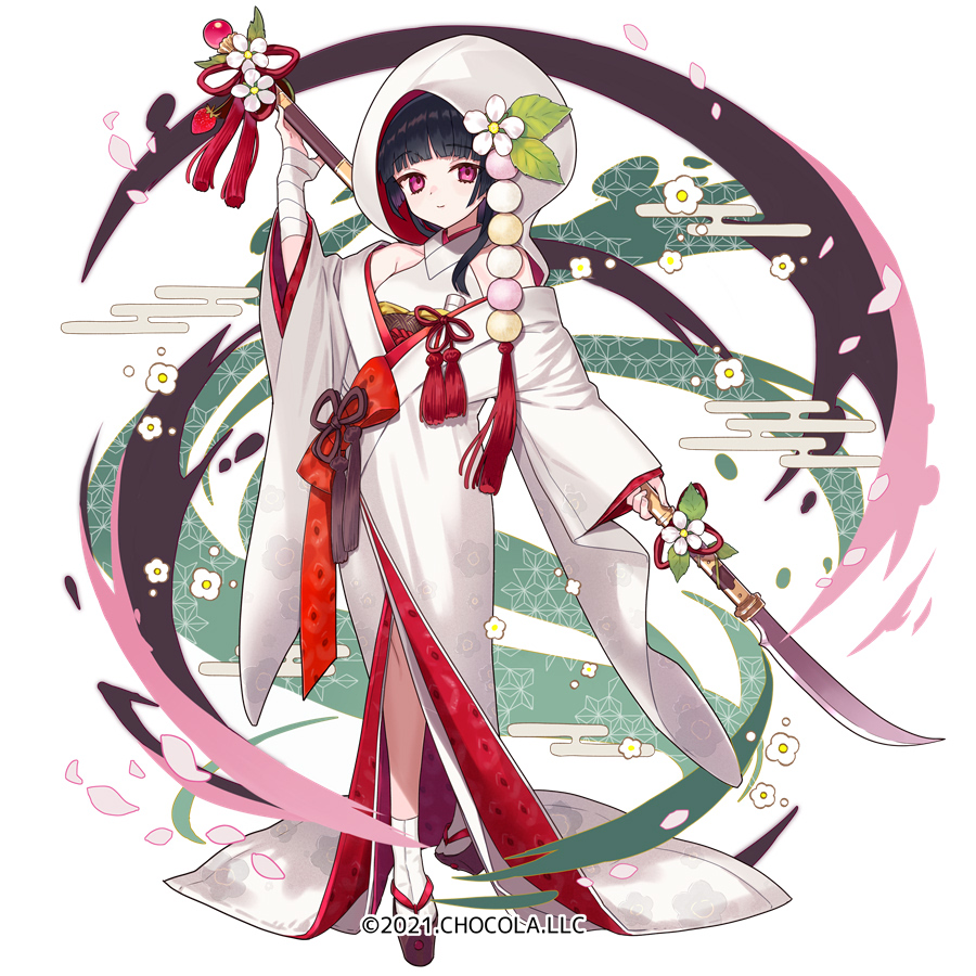 1girl, bangs, bare_shoulders, black_hair, brown_footwear, character_request, closed_mouth, commentary_request