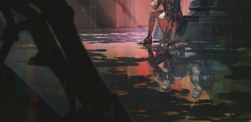 1boy, arcane:_league_of_legends, bangs, black_pants, boots, brown_hair, high_heel_boots, high_heels, highres, holding, jacket, jiao_mao, knee_boots, league_of_legends, long_sleeves, male_focus, open_clothes, open_jacket, outdoors, pants, red_jacket, reflection, shirt, short_hair, silco_(arcane), sitting, solo, vander_(arcane), water, well