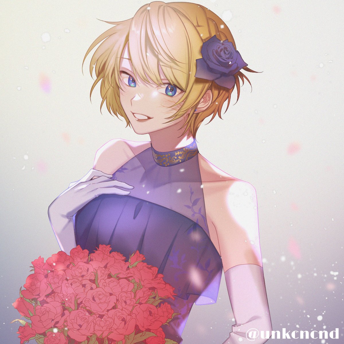 1girl, alternate_costume, apex_legends, blue_dress, blue_flower, chanms, collarbone, dress