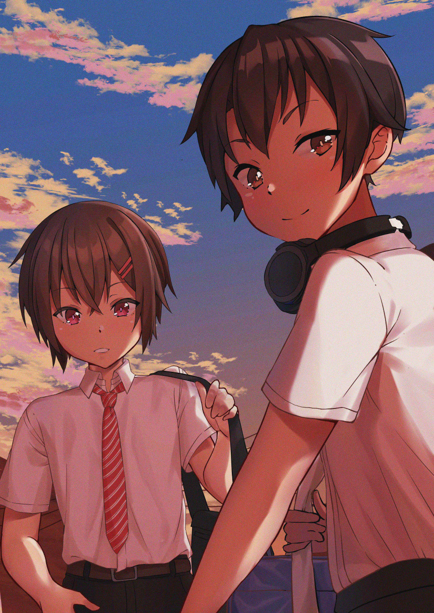 2boys, absurdres, belt_buckle, blue_sky, brown_eyes, brown_hair, buckle, clouds