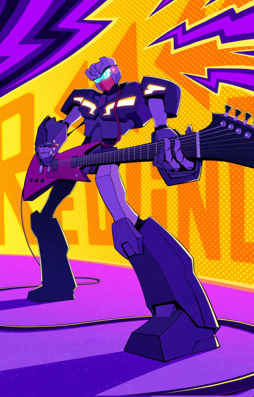 autobot, cable, character_name, commission, english_commentary, guitar, head_tilt, highres, instrument, looking_at_viewer, mecha, music, no_humans, playing_instrument, plectrum, redesign, rewind_(transformers), rin_(ratr0city), science_fiction, sparkle, transformers, visor