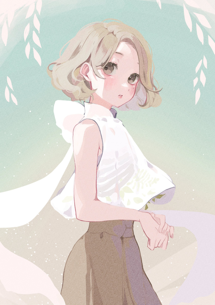 1girl, absurdres, blonde_hair, blush, brown_eyes, brown_skirt, from_side, hair_behind_ear, highres, original, own_hands_together, parted_lips, ribs, sakai_eri_(illustratoreri), scarf, shirt, short_hair, skirt, sky, sleeveless, sleeveless_shirt, solo, white_scarf, white_shirt, x-ray