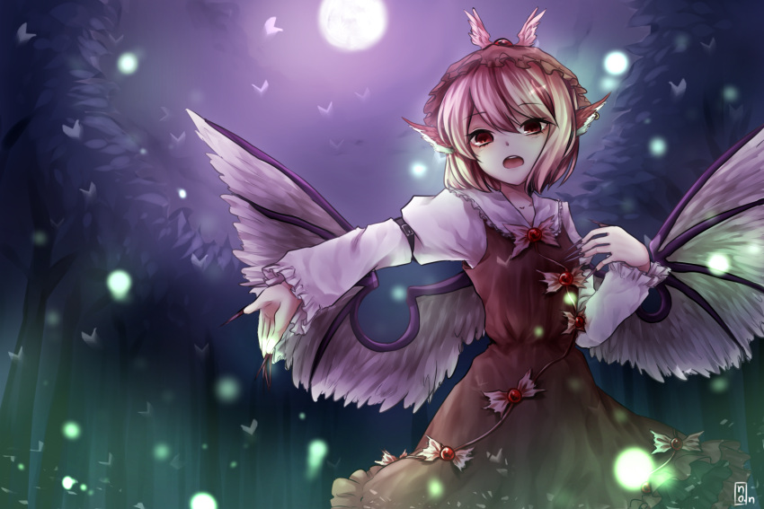 1girl, animal_ears, bird_ears, bird_wings, brown_dress, brown_headwear, dress, earrings, eyebrows_visible_through_hair, fingernails, frilled_dress, frilled_sleeves, frills, full_of_energy, hair_between_eyes, highres, jewelry, long_fingernails, long_sleeves, mystia_lorelei, nail_polish, open_mouth, pink_eyes, pink_hair, purple_nails, sharp_fingernails, short_hair, signature, single_earring, solo, touhou, white_wings, winged_hat, wings