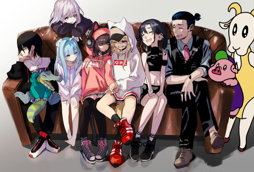 animal_ears, baseball_cap, black_legwear, blonde_hair, blue_eyes, blues_(ficty), brown_hair, cat_ears