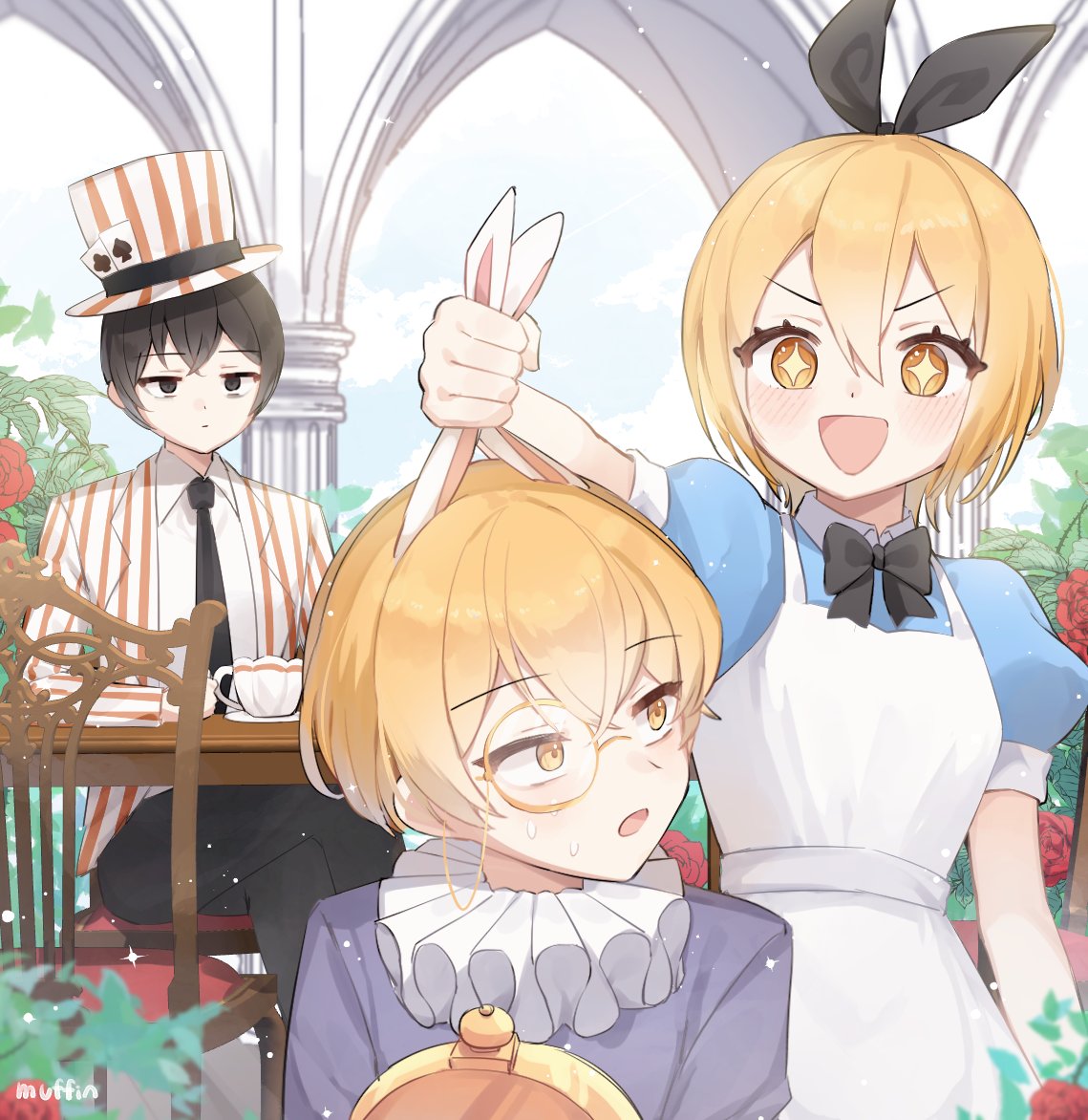 +_+, 1girl, 2boys, alice_(alice_in_wonderland), alice_(alice_in_wonderland)_(cosplay), alice_in_wonderland, animal_ears, black_hair