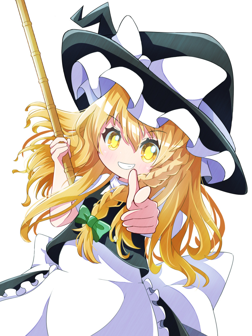 1girl, apron, beenyan_1203, blonde_hair, blush, bow, braid, grin