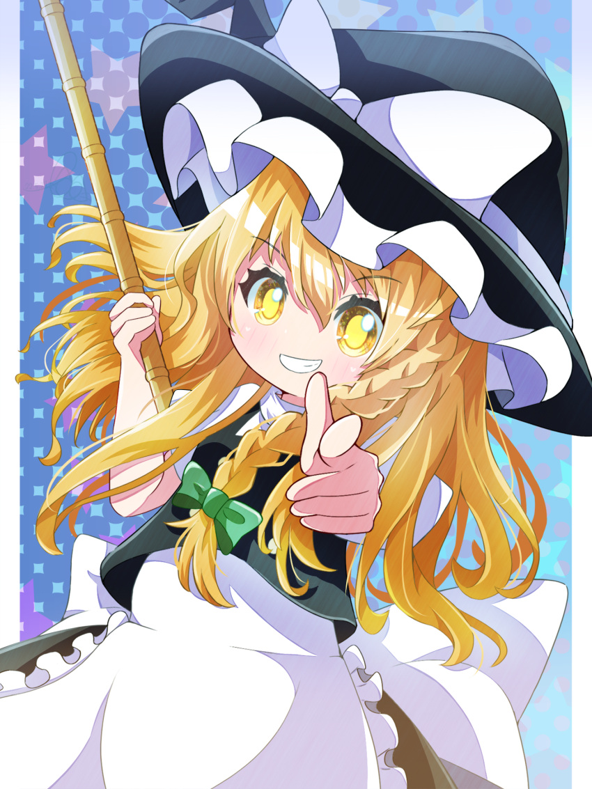 1girl, apron, beenyan_1203, blonde_hair, blush, bow, braid, grin