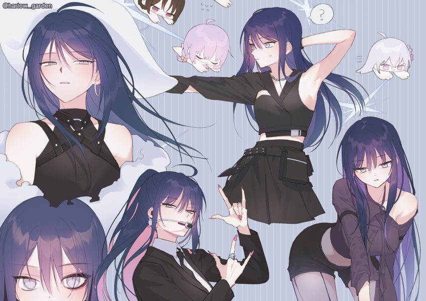 4girls, ?, \n/, alternate_costume, alternate_hairstyle, asymmetrical_sleeves, atsuko_(blue_archive), azusa_(blue_archive)