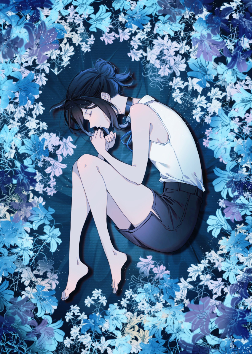 1girl, absurdres, bangs, bare_shoulders, barefoot, black_choker, black_hair, black_skirt