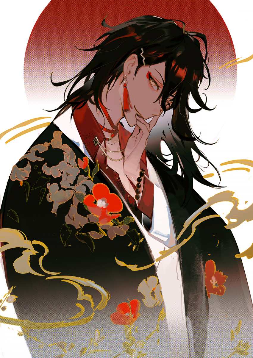 1boy, argentum_1121, bangs, bead_bracelet, beads, black_hair, black_kimono, black_nails