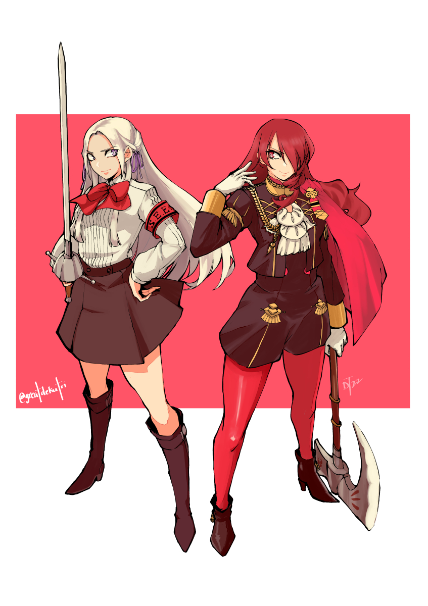 2girls, artist_request, bangs, blue_eyes, blush, boots, breasts, cape, closed_mouth, cosplay, edelgard_von_hresvelg, edelgard_von_hresvelg_(cosplay), fire_emblem, fire_emblem:_three_houses, garreg_mach_monastery_uniform, gekkoukan_high_school_uniform, gloves, hair_between_eyes, hair_ornament, hair_ribbon, highres, kirijou_mitsuru, kirijou_mitsuru_(cosplay), kneehighs, long_hair, long_sleeves, looking_at_viewer, multiple_girls, persona, persona_3, red_cape, redhead, ribbon, school_uniform, simple_background, skirt, smile, tara_platt, uniform, violet_eyes, voice_actor_connection, weapon, white_hair