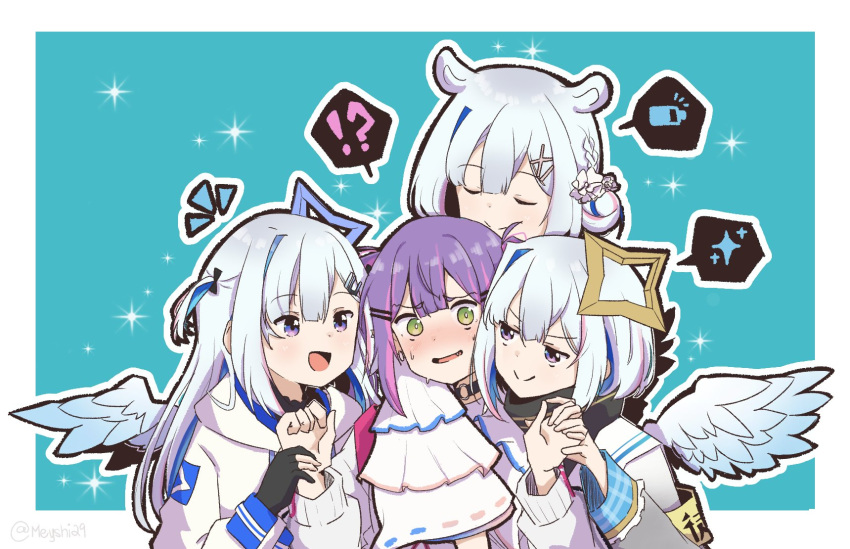 !?, 4girls, amane_kanata, angel, angel_wings, battery_indicator, black_gloves, blue_hair
