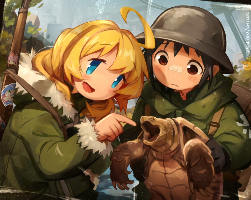 2girls, absurdres, ahoge, animal, backpack, bag, bandaid, bandaid_on_face