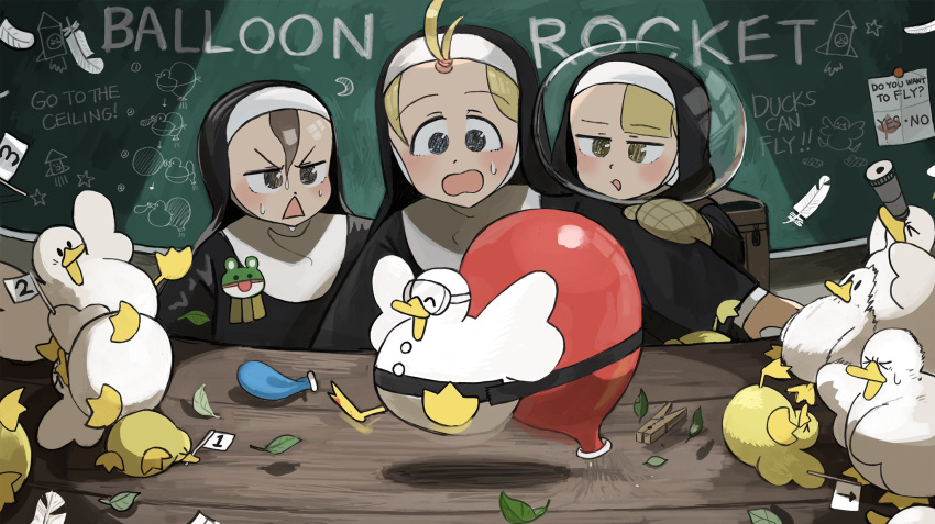 >_<, 3girls, :o, ^_^, backpack, badge, bag, balloon