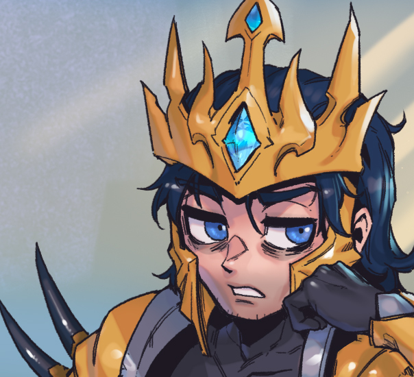 1boy, armor, bangs, black_gloves, black_hair, blue_eyes, brown_background, covered_collarbone