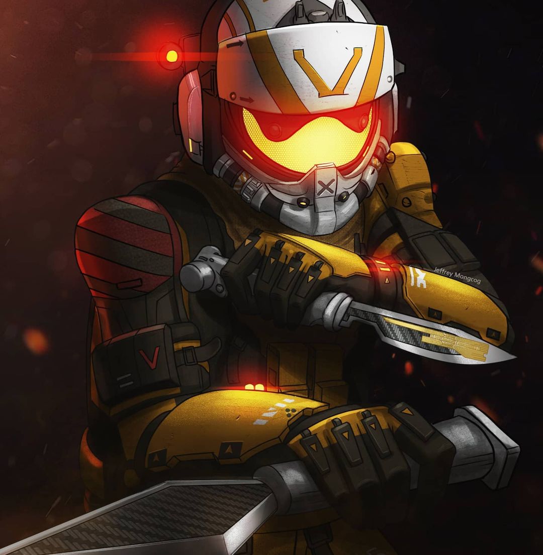 1boy, artist_name, dual_wielding, english_commentary, gloves, helmet, holding, holding_knife, holding_weapon, jeff.d.m, knife, kukri, looking_ahead, male_focus, pilot_suit, solo, titanfall_(series), titanfall_2, viper_(titanfall_2), visor, weapon, yellow_gloves