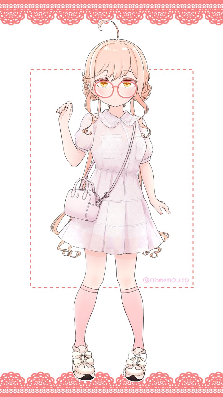 1girl, ahoge, alternate_costume, bag, commentary_request, double_bun, dress, full_body