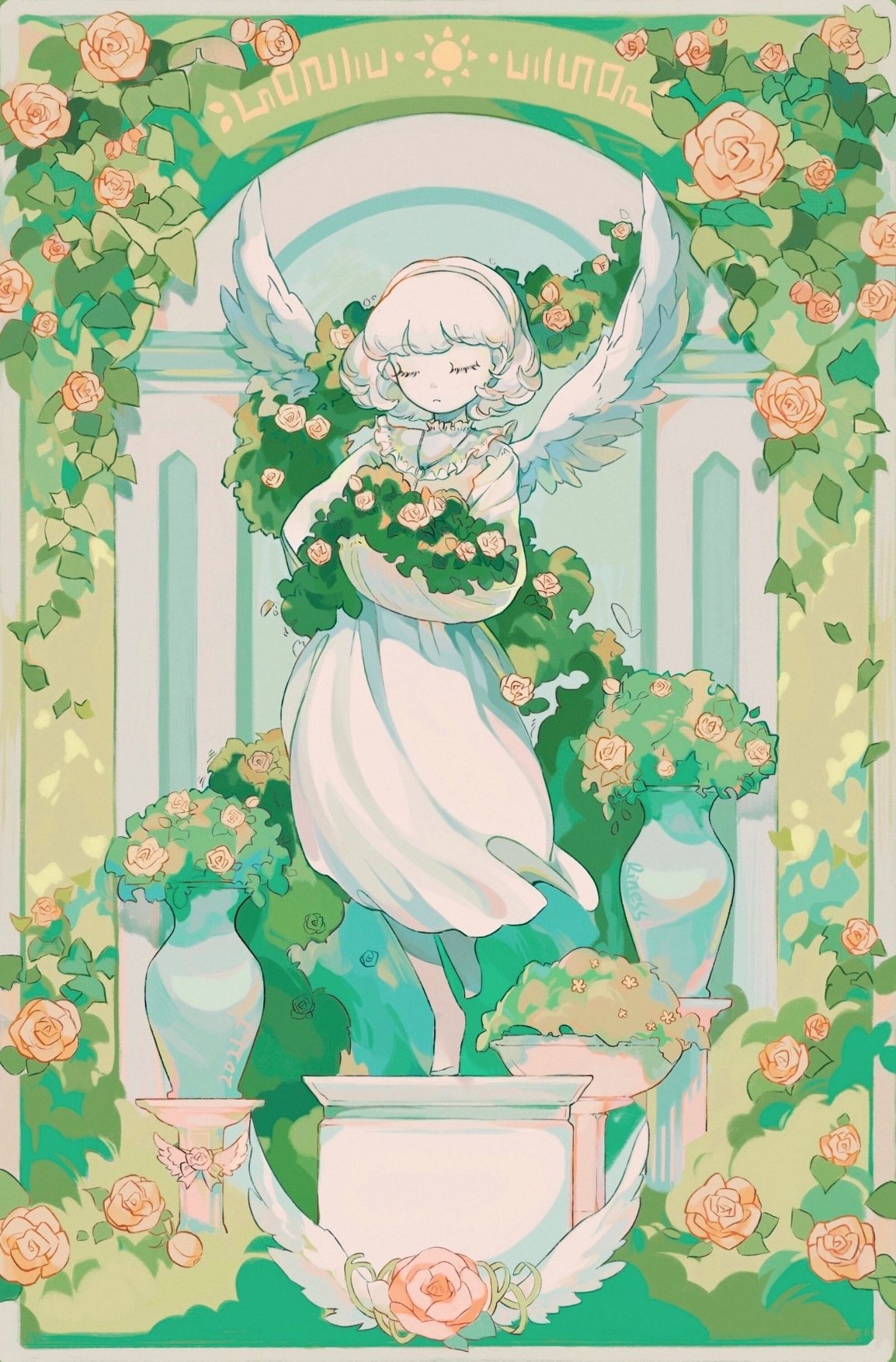 1girl, angel_wings, bug, butterfly, cirrika, closed_eyes, closed_mouth, colored_skin, dress, eyebrows_visible_through_hair, eyelashes, film_grain, flower, frills, green_theme, hairband, highres, holding, holding_flower, jewelry, key, key_necklace, long_eyelashes, necklace, orange_flower, original, pink_flower, plant, short_hair, signature, solo, statue, vase, vines, white_dress, white_hair, white_skin, wings, yellow_flower