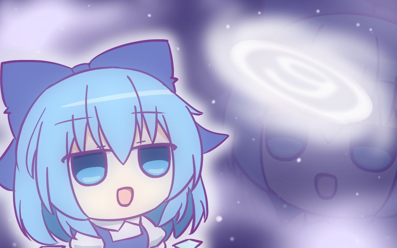 1girl, blue_bow, blue_dress, blue_eyes, blue_hair, bow, cirno, collared_shirt, commentary, commentary_request, dress, fumo_(doll), hair_bow, ice, ice_wings, kashimu, open_mouth, pinafore_dress, shirt, space, touhou, white_shirt, wings