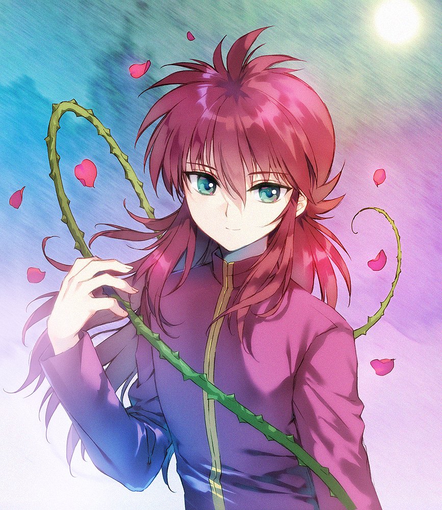 1boy, carnelian, commentary_request, eyebrows_visible_through_hair, green_eyes, hair_between_eyes, jacket, kurama_(yu_yu_hakusho), long_sleeves, looking_at_viewer, male_focus, petals, pink_jacket, redhead, rose_petals, school_uniform, sidelocks, simple_background, smile, solo, upper_body, yu_yu_hakusho