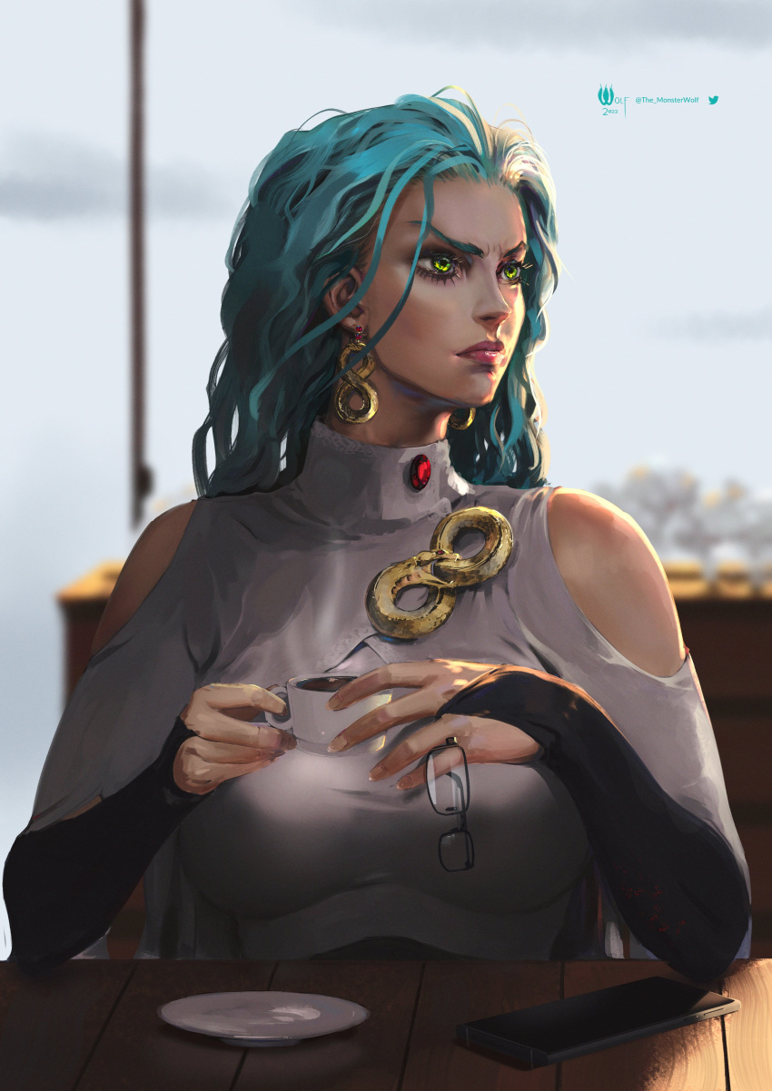 absurdres, aqua_hair, breasts, bridal_gauntlets, cellphone, clothing_cutout, coffee, cup