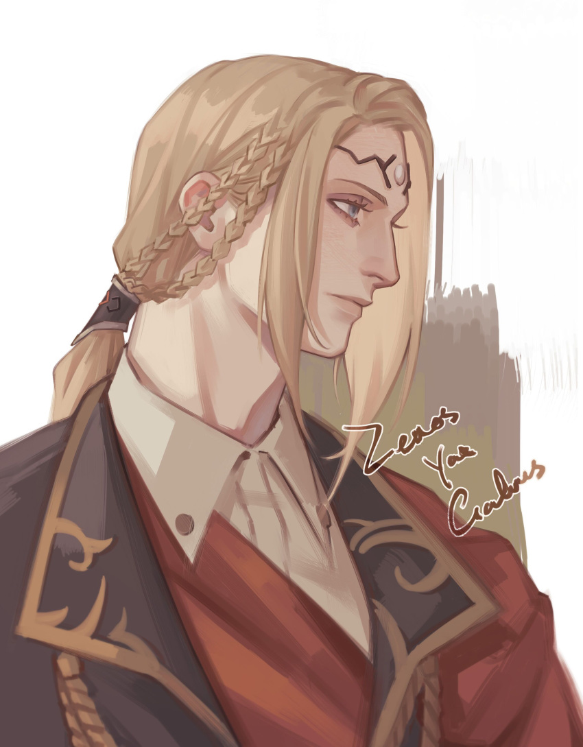 1boy, absurdres, alternate_hairstyle, blonde_hair, blue_eyes, braid, character_name, circlet, collared_shirt, expressionless, final_fantasy, final_fantasy_xiv, fixmeplz, from_side, garlean, hair_tubes, highres, long_hair, low_ponytail, male_focus, portrait, profile, shirt, side_braids, simple_background, solo, third_eye, white_background, zenos_yae_galvus