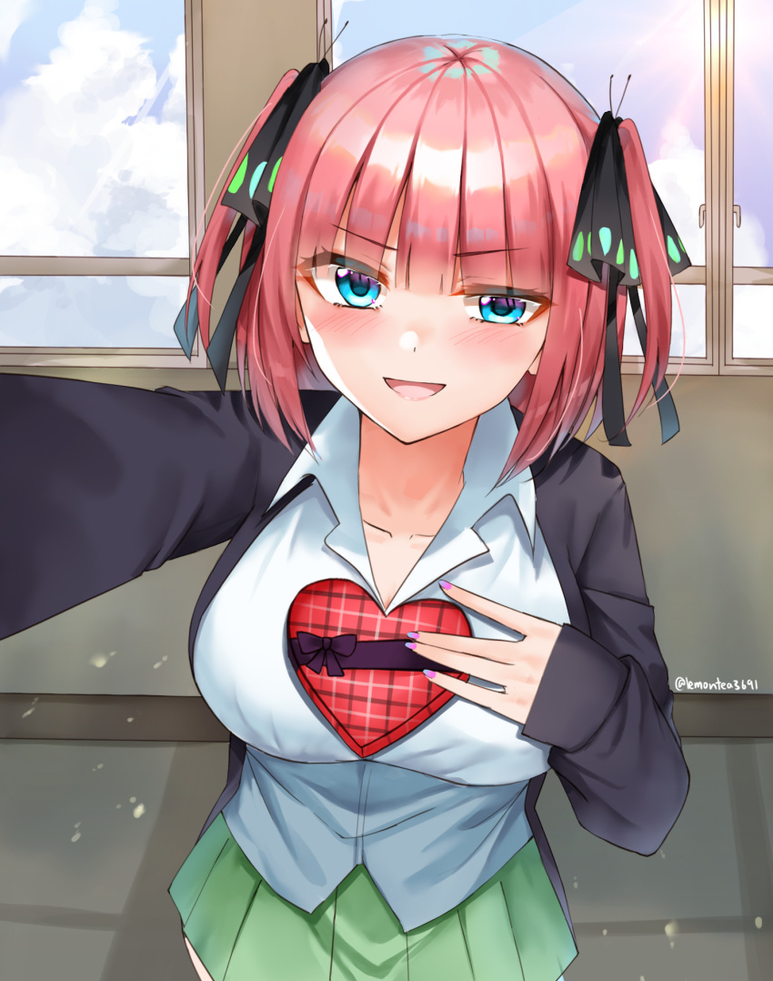 >:), 1girl, :d, bangs, black_card, black_ribbon, blue_eyes, blunt_bangs