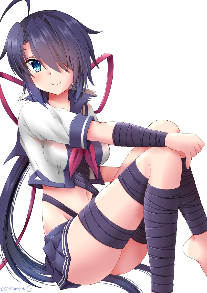 1girl, ahoge, black_hair, black_skirt, blue_eyes, breasts, hair_over_one_eye, highres