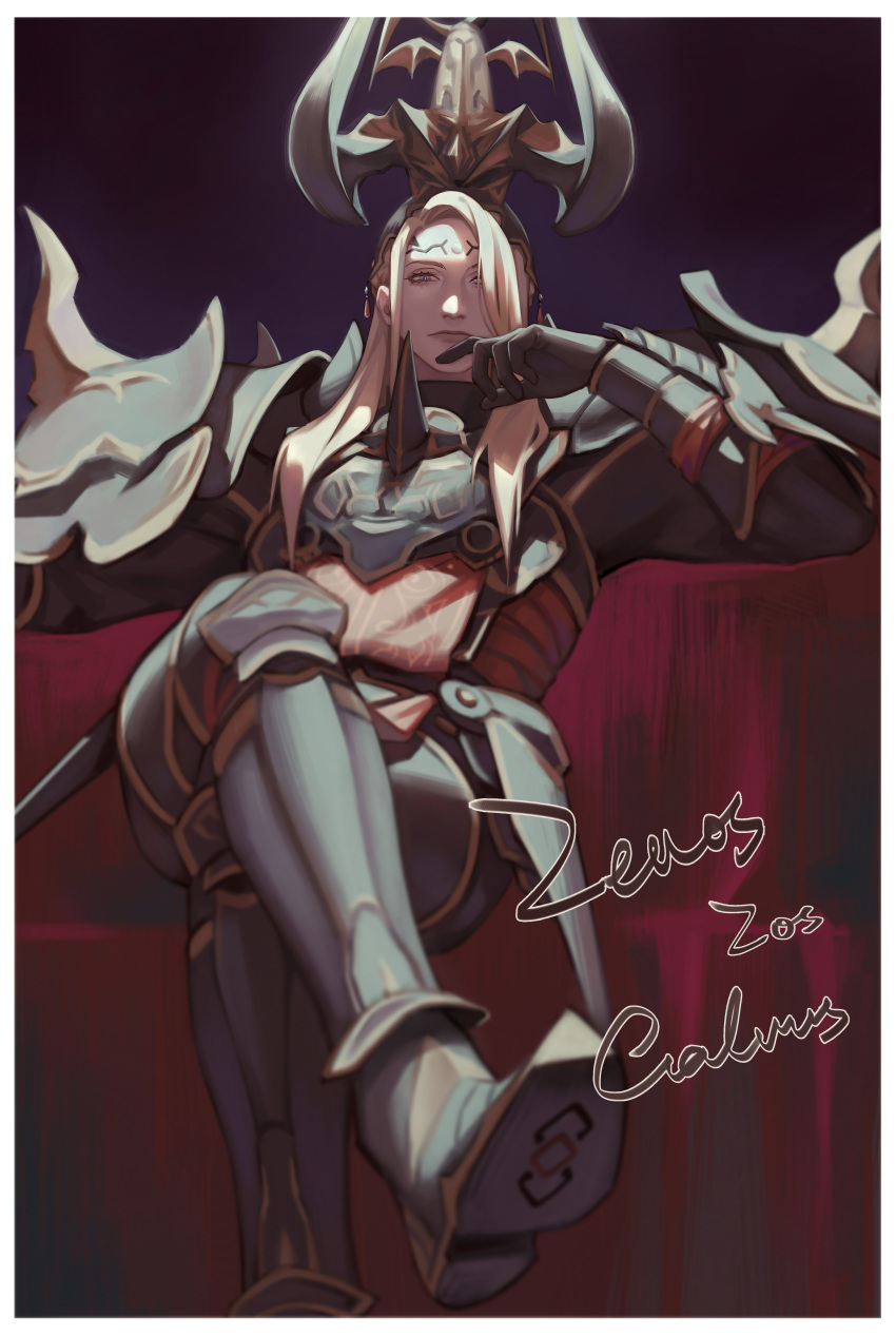 1boy, absurdres, armor, black_gloves, blonde_hair, blue_eyes, border, breastplate