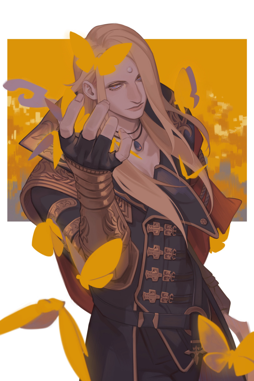 1boy, absurdres, beckoning, belt, black_coat, black_gloves, blonde_hair, blue_eyes