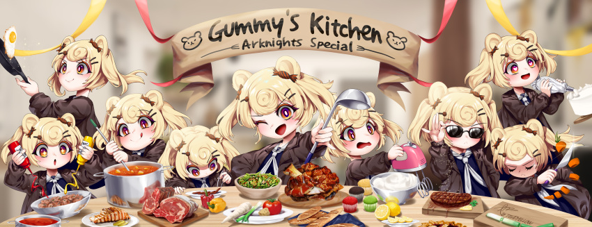 6+girls, :<, :d, :q, absurdres, arknights, beef, bell_pepper
