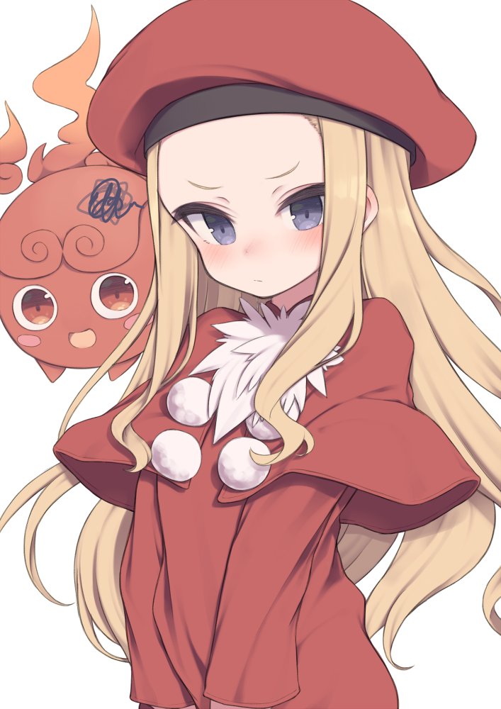 1girl, bangs, belfraw_martini, beret, blonde_hair, blush, blush_stickers, capelet, creature, dress, forehead, gamuo, grey_eyes, hat, long_hair, onibi_(summon_night), parted_bangs, pom_pom_(clothes), red_capelet, red_dress, red_headwear, simple_background, smile, summon_night, summon_night_3, white_background