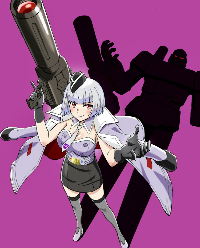 1boy, 1girl, arm_cannon, bangs, black_gloves, black_headwear, black_skirt, blue_hair