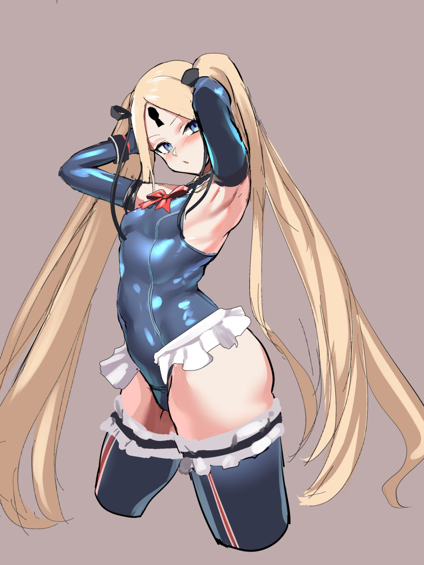 1girl, 9is, abigail_williams_(fate), absurdres, black_ribbon, blonde_hair, blue_eyes, blue_legwear, blue_leotard, blue_swimsuit, breasts, casual_one-piece_swimsuit, cosplay, dead_or_alive, dead_or_alive_5, dead_or_alive_xtreme, elbow_gloves, fate/grand_order, fate_(series), frilled_legwear, frilled_leotard, frilled_swimsuit, frills, gloves, hair_ornament, hair_ribbon, highres, keyhole, leotard, long_hair, looking_at_viewer, marie_rose, marie_rose_(cosplay), marie_rose_(devilish_servant_against_the_splashing_waves), one-piece_swimsuit, ribbon, small_breasts, solo, swimsuit, twintails, very_long_hair, x_hair_ornament