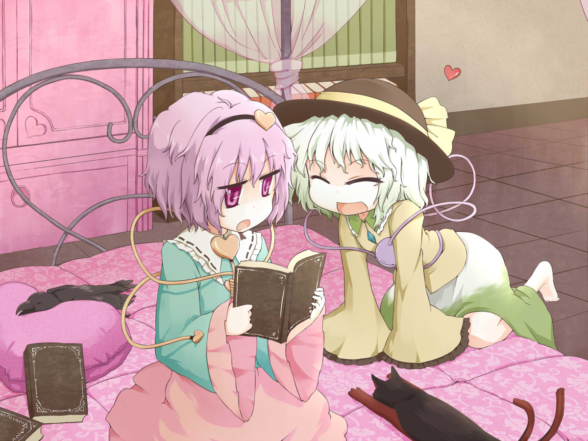 bed, book, closed_eyes, green_hair, hairband, hat, heart, kaenbyou_rin