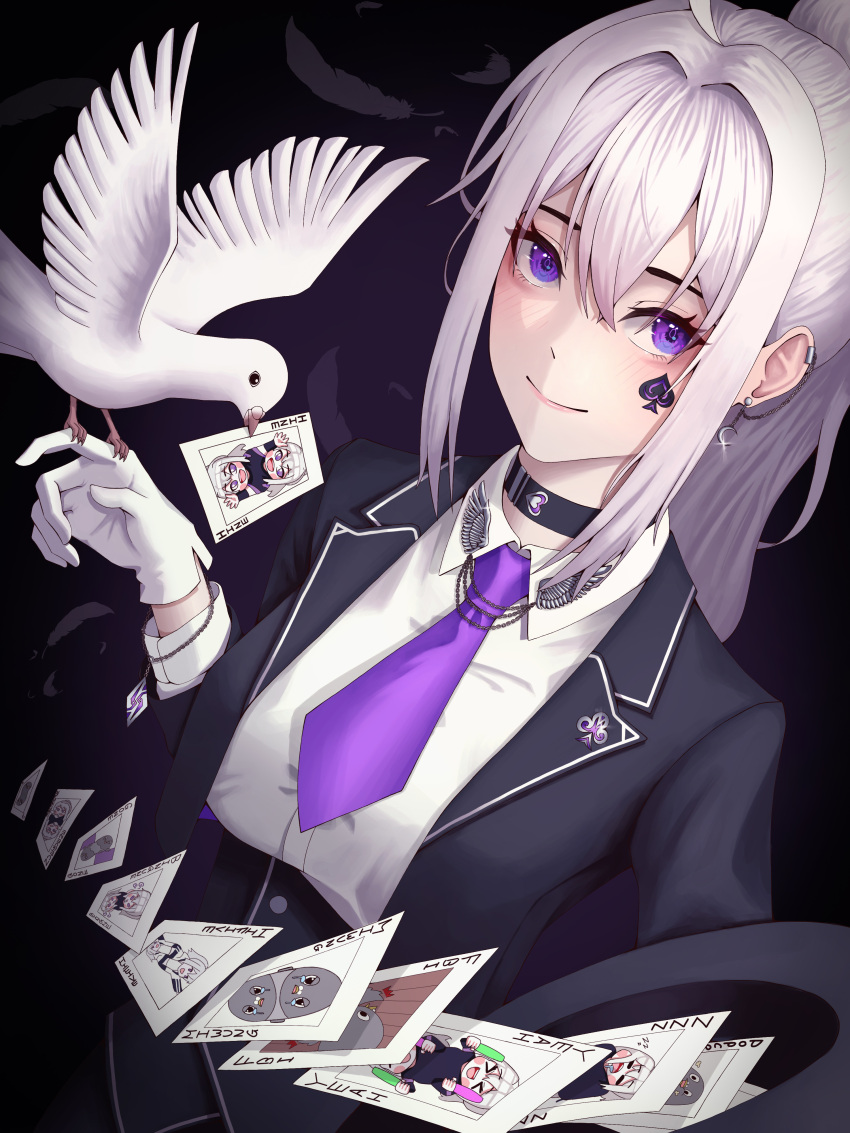 1girl, absurdres, bangs, bird, black_choker, black_jacket, blush, bracelet, breasts, card, choker, closed_mouth, collared_shirt, dove, dutch_angle, ear_piercing, earrings, facial_mark, feathers, formal, from_hat_trick, gloves, hair_between_eyes, hair_intakes, hanir, hat, hat_removed, headwear_removed, highres, holding, holding_clothes, holding_hat, ine_(vtuber), jacket, jewelry, large_breasts, long_hair, long_sleeves, looking_at_viewer, magic_trick, magician, necktie, piercing, playing_card, ponytail, purple_necktie, shirt, solo, spade_(shape), suit, top_hat, violet_eyes, virtual_youtuber, waktaverse, white_gloves, white_hair, white_shirt